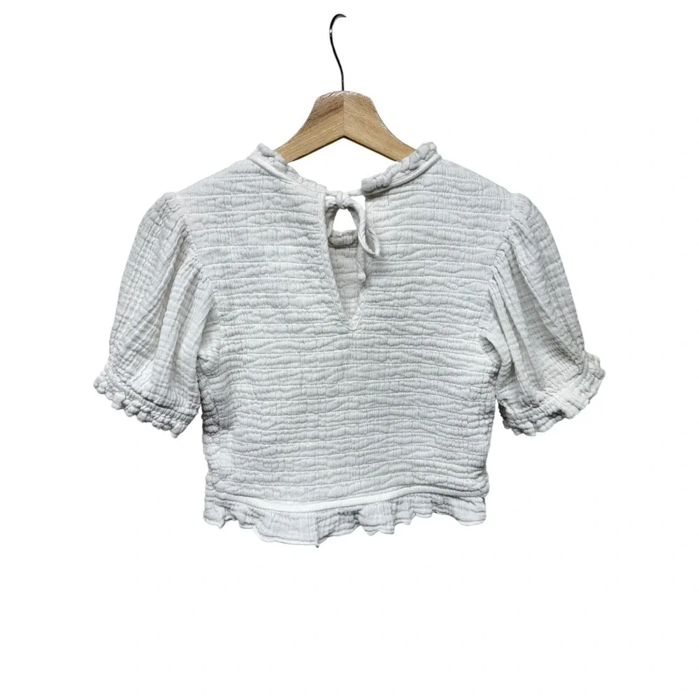 Free People Women Top Sz M White Smocked Puff Sleeve Cottage Coquette Ruffle